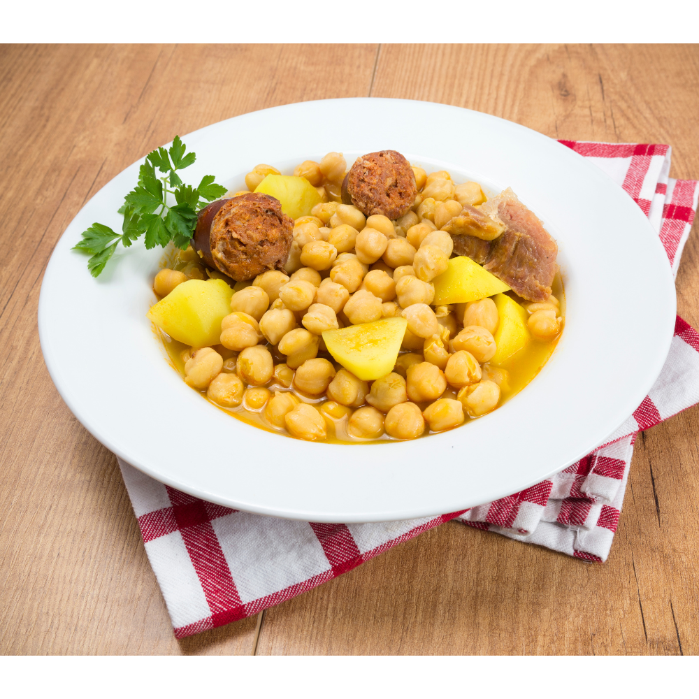 Cocido de Garbanzos con Costilla de Cerdo, Caldo de Jamón y Chorizo en Tarro de Cristal 445 Gr