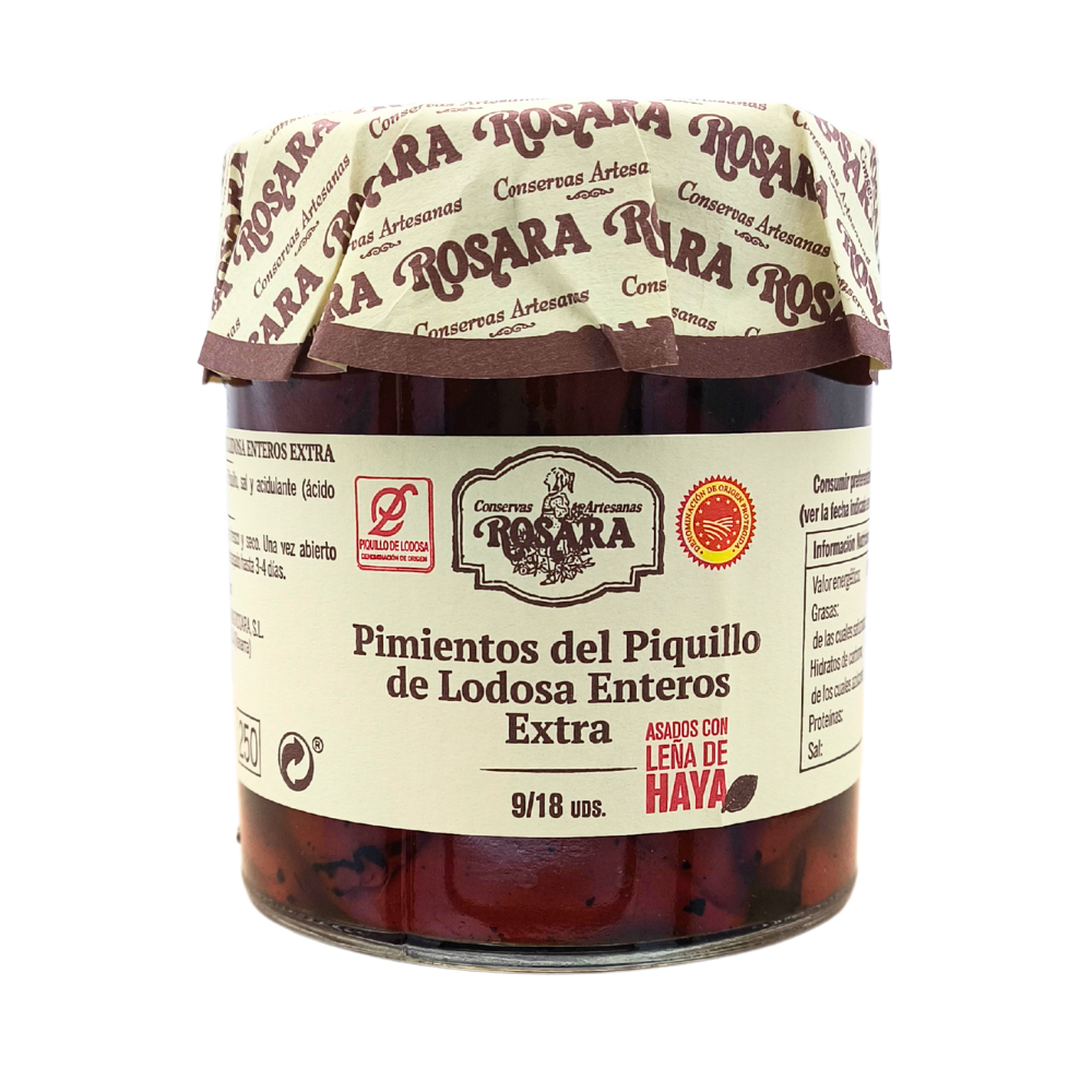 Pimientos Piquillo de Lodosa DOP  Bote de Cristal 250 Gr 9/18 Ud - Pimientos del Piquillo Extra | Rosara